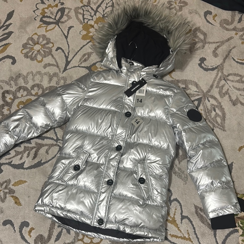 Silver Puffer Jacket with Faux Fur Hood